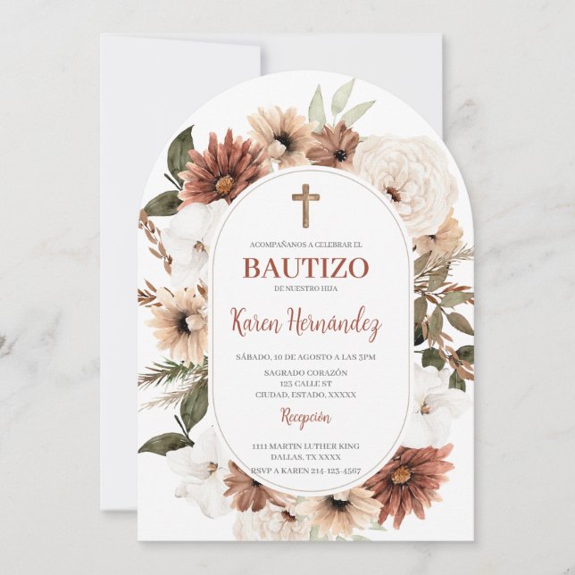 Boho Blommigt Baptism Spansk inbjudan (Framsida)