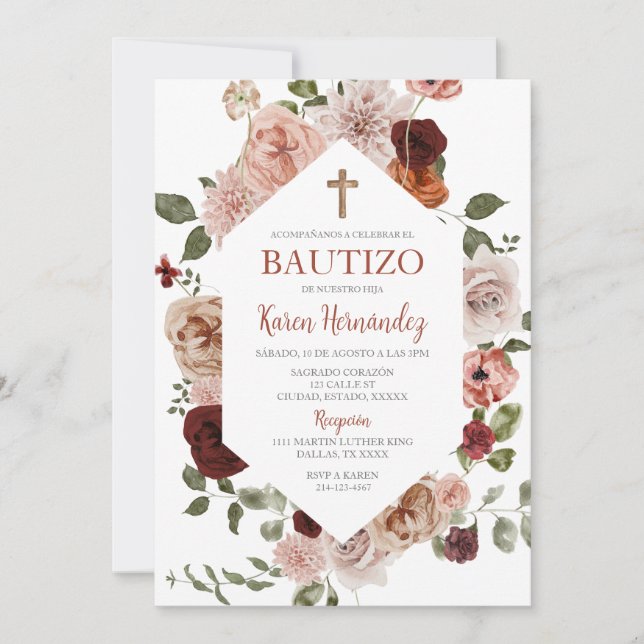 Boho Blommigt Baptism Spansk inbjudan (Framsida)