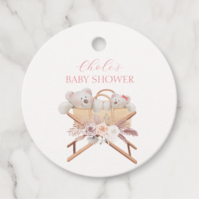Boho Blommigt Bear Bassinet Girl Baby Shower Gåvor Etiketter (Framsida)