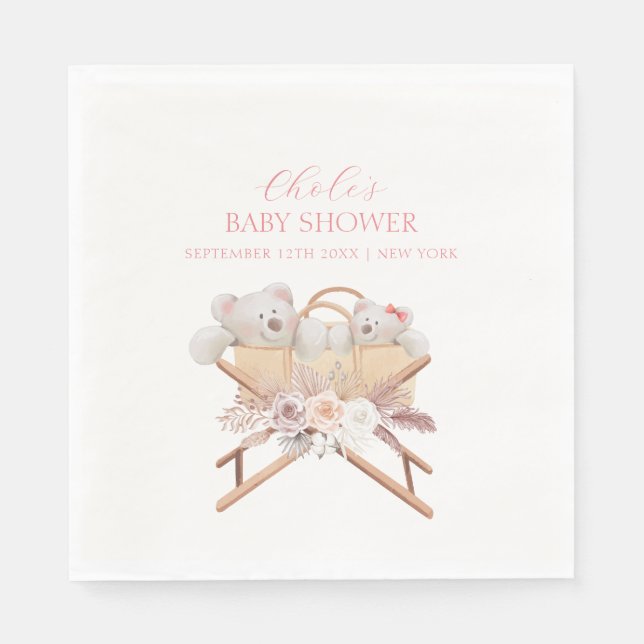 Boho Blommigt Bear Bassinet Girl Baby Shower Pappersservett (Framsidan)