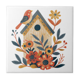 Boho Blommigt Bird House Scandinavian Folk Art Kakelplatta