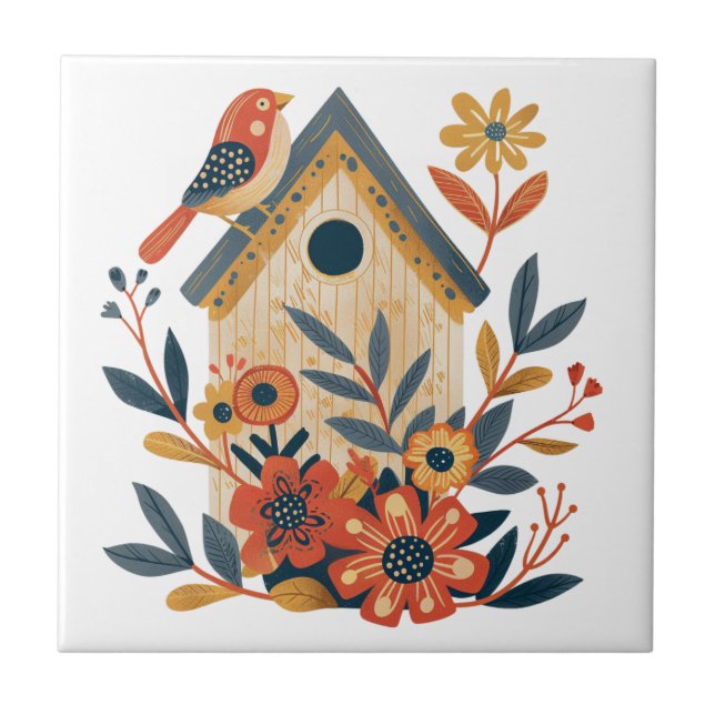 Boho Blommigt Bird House Scandinavian Folk Art Kakelplatta (Framsidan)