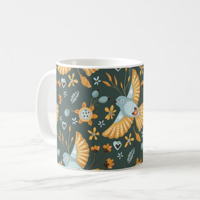 Boho Blommigt Birds Garden Mönster Kaffemugg (Framsida vänster)