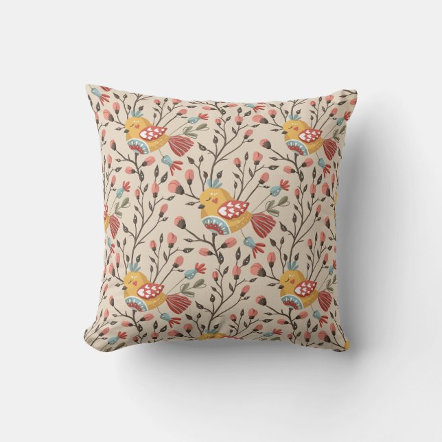 Boho Blommigt Birds Garden Mönster Kudde (Framsida)