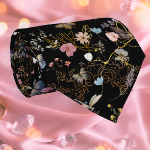 Boho Blommigt Black Butterfly Garden Neck Tie Slips