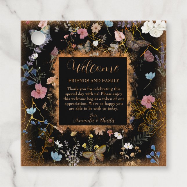 Boho Blommigt Black Butterfly Garden Wedding Gåvor Etiketter (Framsida)