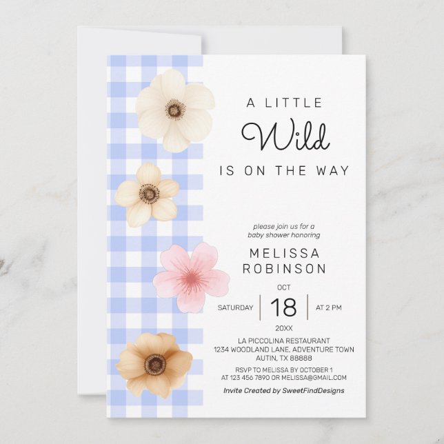 Boho Blommigt Blommar Blue Gingham Pojke Shower Inbjudningar (Framsida)