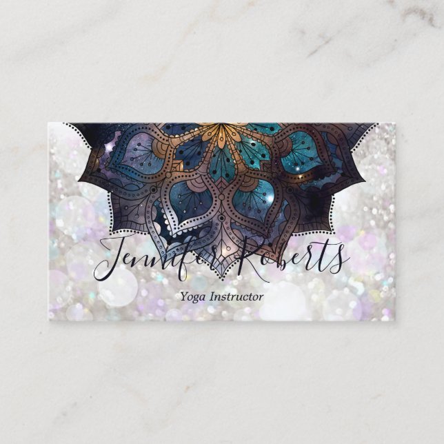Boho Blommigt Blue Guld Mandala Chic Glitter Visitkort (Framsida)