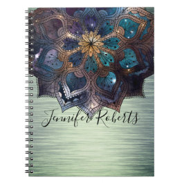 Boho Blommigt Blue Guld Mandala Chic Grönt Metalli Anteckningsbok