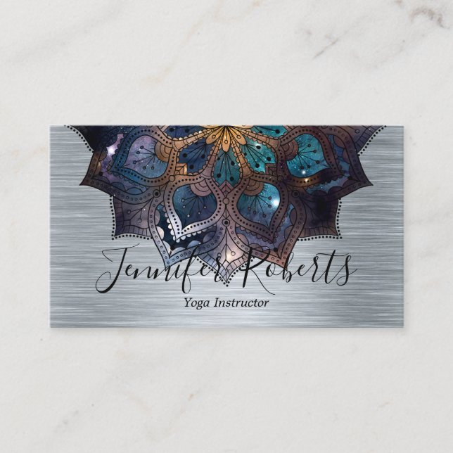 Boho Blommigt Blue Guld Mandala Chic Yoga Instruct Visitkort (Framsida)