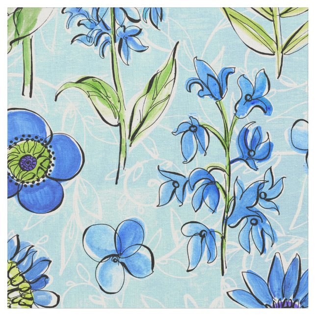 Boho Blommigt Blue Tyg (Närbild)