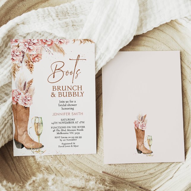 Boho Blommigt Boots Brunch Bubly Möhippa Inbjudningar (Blush boho floral boots, brunch and bubbly bridal shower invitation in a rustic style with glass)
