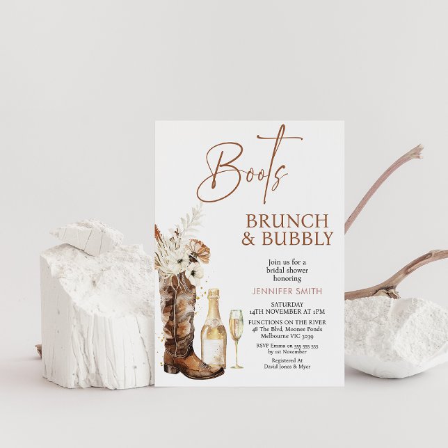 Boho Blommigt Boots Brunch Bubly Möhippa Inbjudningar (Floral Cowgirl Boots Brunch and Bubbly Bridal Shower Invitation, Champagne Glass and Bottle, Wedding)