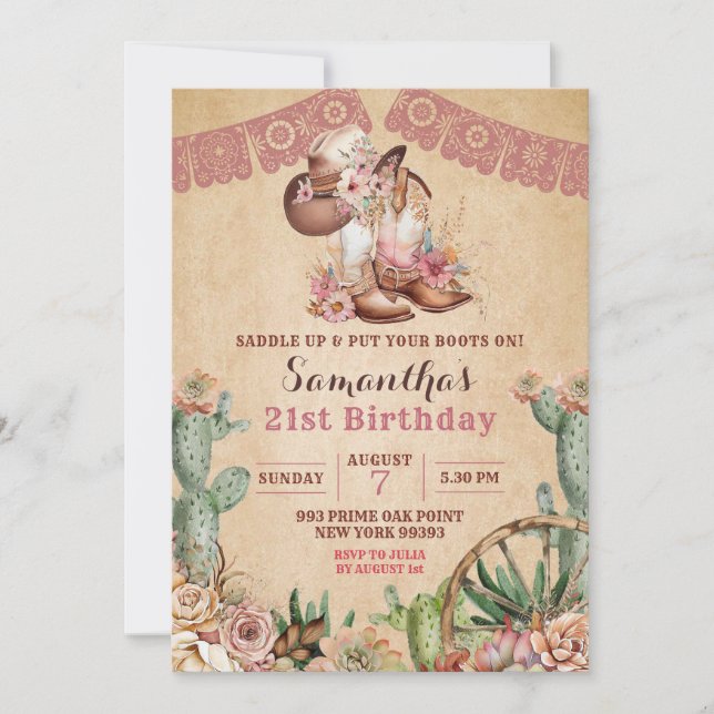Boho Blommigt Boots Cowgirl Birthday-inbjudan Inbjudningar (Framsida)