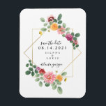 Boho Blommigt Botanical Bröllop spara datum Magnet<br><div class="desc">En bröllop spara datum-magnet i elegant med en vattenfärg inspirerade botaniska blommigtar till en grön design runt ett geometriskt ram med svart text. Leta efter matchande bröllopsinbjudningar och andra samordnande saker på Jill's Paperie.</div>
