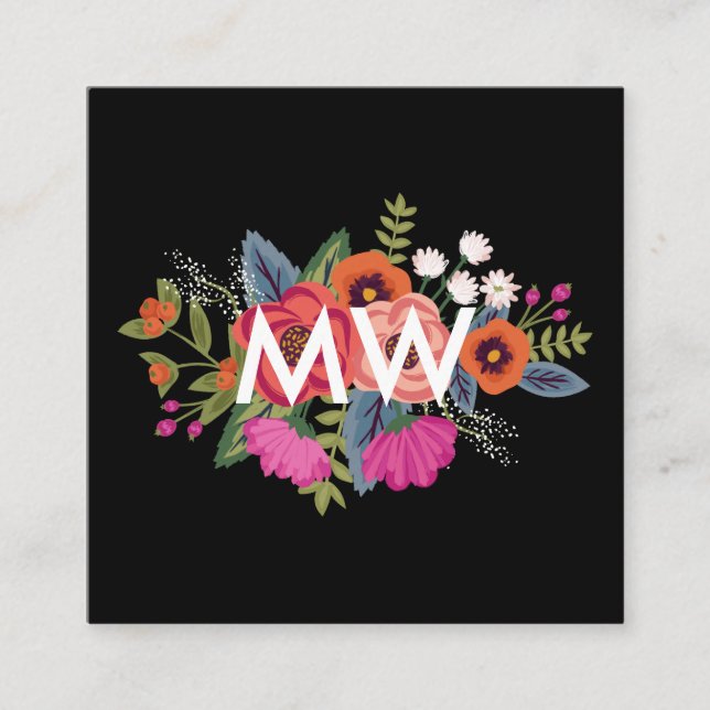 Boho Blommigt Bouquet Black Background Monogram Fyrkantigt Visitkort (Framsida)