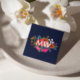 Boho Blommigt Bouquet - marinblått - Monogram Fyrkantigt Visitkort