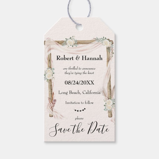 Boho Blommigt Bröllop Arch Save the Date Unique Id Presentetikett (Framsidan)