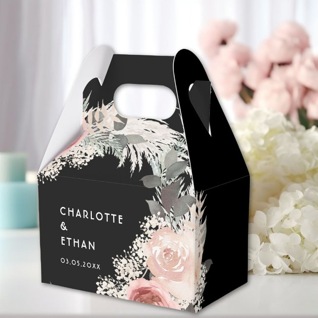 Boho Blommigt Bröllop Box presentationsruta Presentaskar (Personalized Boho Floral Wedding Black Favor Boxes with your Name & Date.)