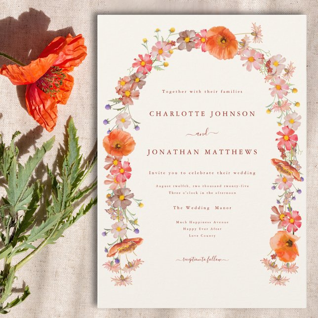 Boho Blommigt Bröllop Inbjudningar (Elegant wildflower boho floral arch wedding invitation )