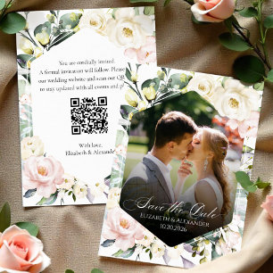 Boho Blommigt Bröllop Photo QR-kod Sparat datumet Inbjudningar