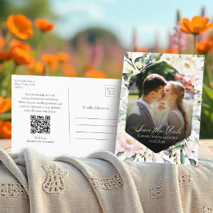 Boho Blommigt Bröllop Photo QR-kod Sparat datumet Vykort