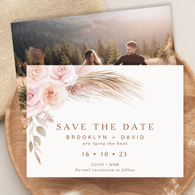 Boho  Blommigt Bröllop spara datum Card Inbjudningar (Boho Floral Wedding Save The Date Card Template, Bohemian Floral Save The Date With Photo, Pampas )