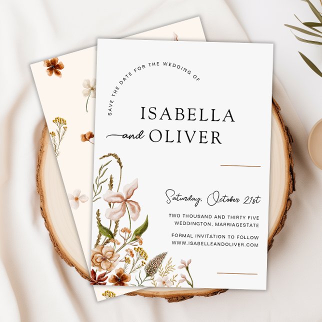 Boho Blommigt Bröllop spara datum-platta kort (Boho Floral Wedding Save the Date Flat Card -Front and Back)