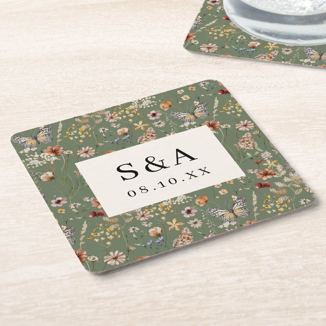 Boho Blommigt Bröllop Underlägg Papper Kvadrat (Boho Sage Green Watercolor Floral Wedding Square Paper Coaster by Painted Paperie
)