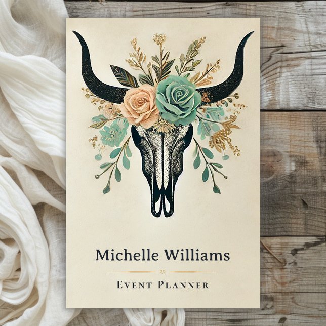 Boho Blommigt Bull Cow Skull Western Rustic Visitkort (Front - Boho Floral Bull Cow Skull Western Rustic Business Card)