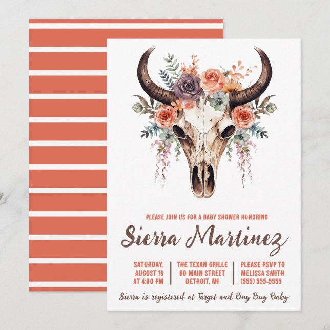 Boho Blommigt Bull Skull Baby Shower Inbjudningar (Fram/baksida)