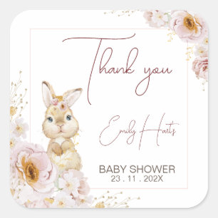  Boho Blommigt Bunny Baby Shower Tack Fyrkantigt Klistermärke