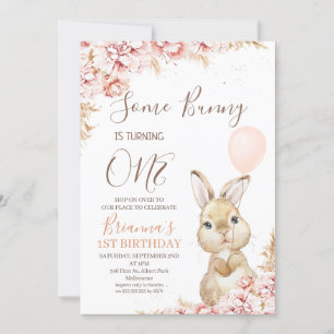 Boho Blommigt Bunny Balloon 1:a födelsedagsinbjuda Inbjudningar