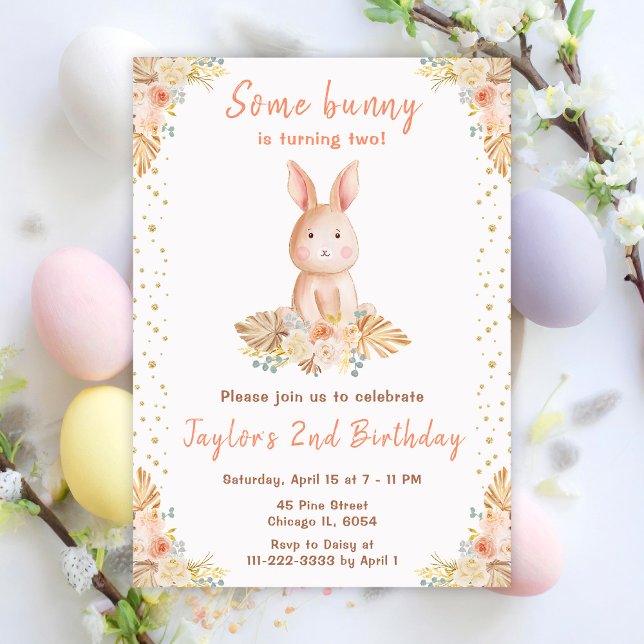 Boho Blommigt Bunny Birthday Inbjudningar (Skapare uppladdad)