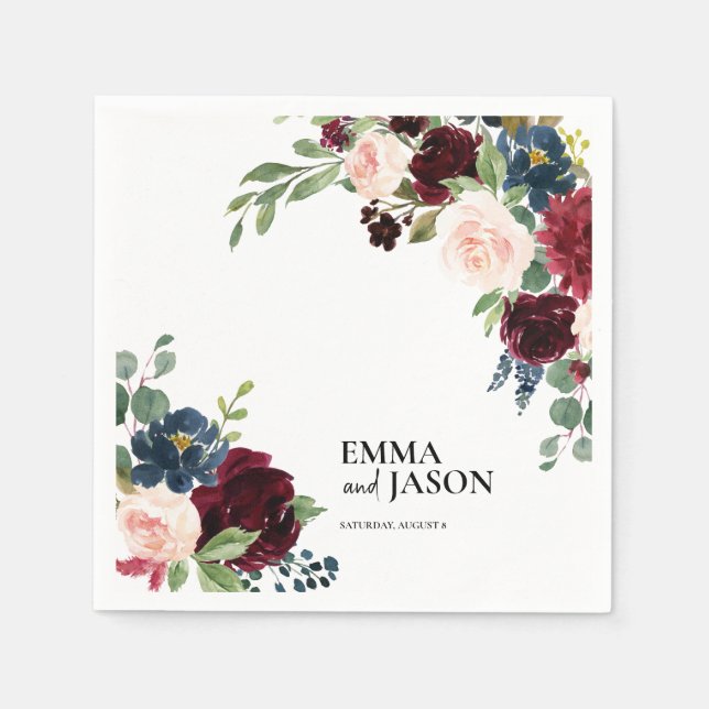 Boho Blommigt Burgundy  Bröllop Napkins Pappersservett (Framsidan)