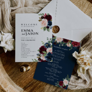 Boho Blommigt Burgundy Navy Bröllopsprogram Inbjudningar