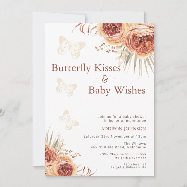 Boho Blommigt Burnt Orange Butterfly Baby Shower Inbjudningar (Framsida)