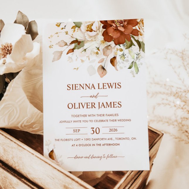 Boho Blommigt Burnt Orange Terracotta Bröllop Inbjudningar (Skapare uppladdad)