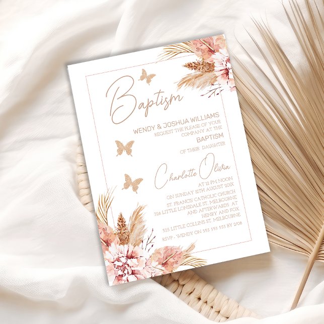  Boho Blommigt Butterflies Baptism Inbjudningar (Boho Floral Butterflies Baptism Invitation For Baby Girl, Bohemian Floral Butterfly Baptism Invite)