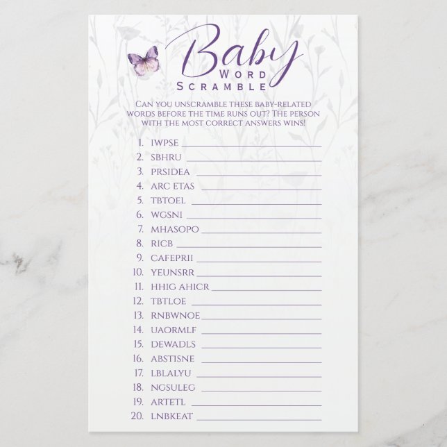 Boho Blommigt Butterfly Baby Shower Ord Scramble (Framsida)