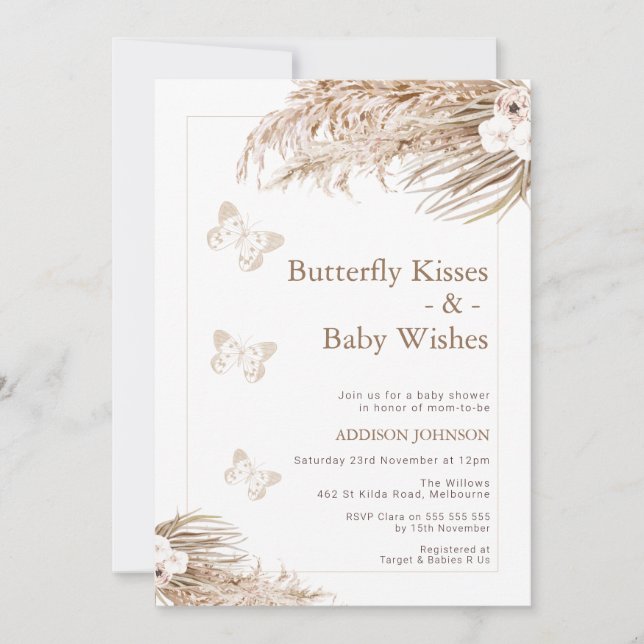 Boho Blommigt Butterfly Kisses Baby Shower Inbjudningar (Framsida)