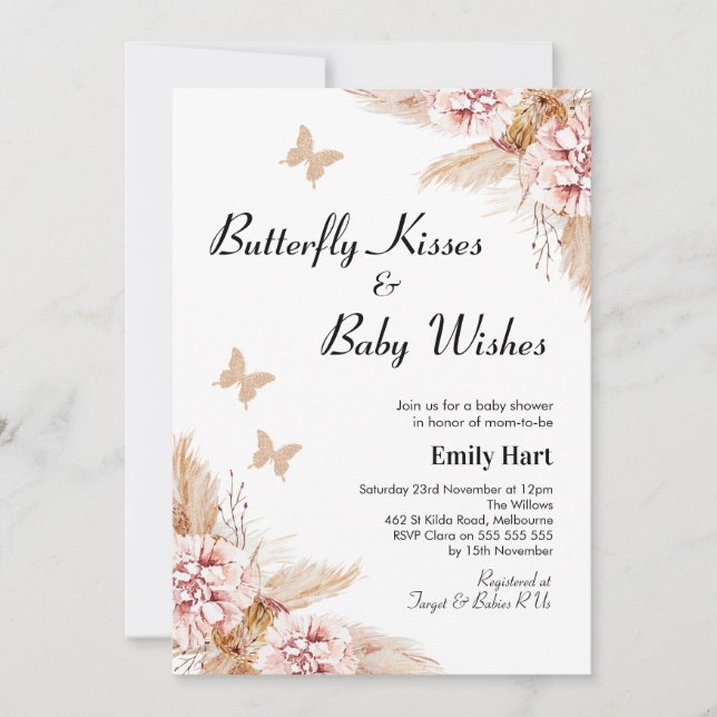  Boho Blommigt Butterfly Kisses Baby Shower  Inbjudningar (Framsida)