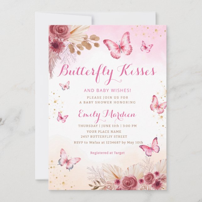  Boho Blommigt Butterfly Kisses Baby Shower Inbjudningar (Framsida)