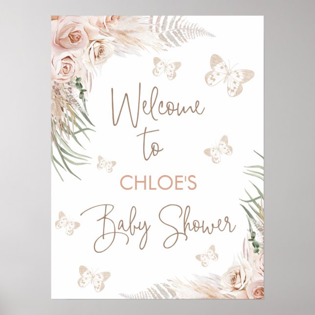 Boho Blommigt Butterfly Kisses Baby Shower Välkomm Poster (Framsidan)
