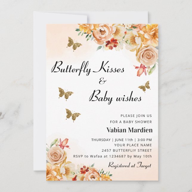 Boho Blommigt Butterfly Kisses Girl Baby Shower Inbjudningar (Framsida)