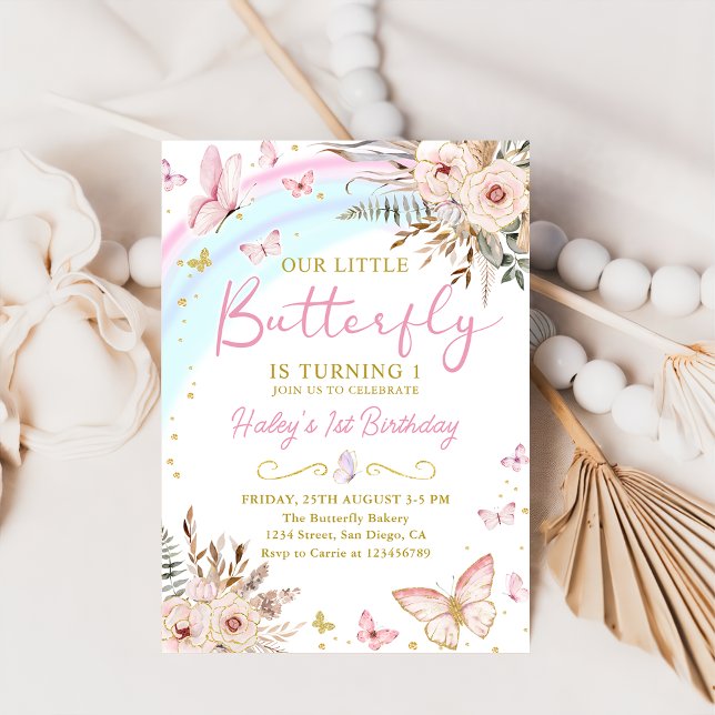 Boho Blommigt Butterfly Rainbow Birthday-inbjudan Inbjudningar (Skapare uppladdad)