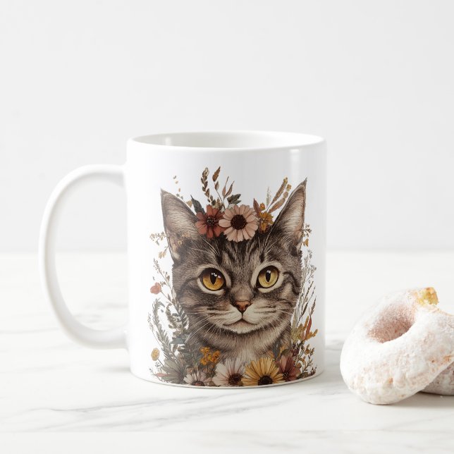 Boho Blommigt Cat Ansikte Mugg - Snyggt och vismis (Med munk)