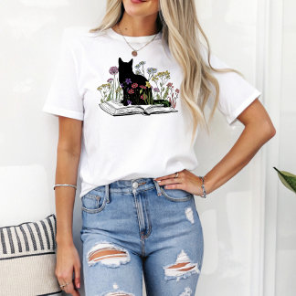 Boho Blommigt Cat Sitta på Bokar Bok Älskare T Shirt