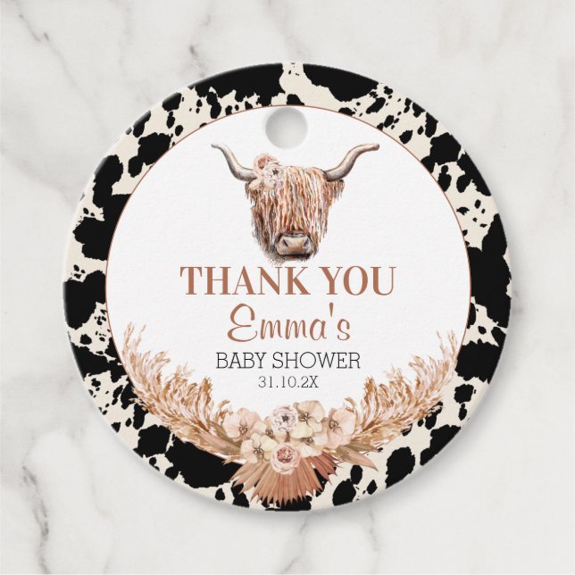 Boho Blommigt Cow Baby Shower Tack Gåvor Etiketter (Framsida)