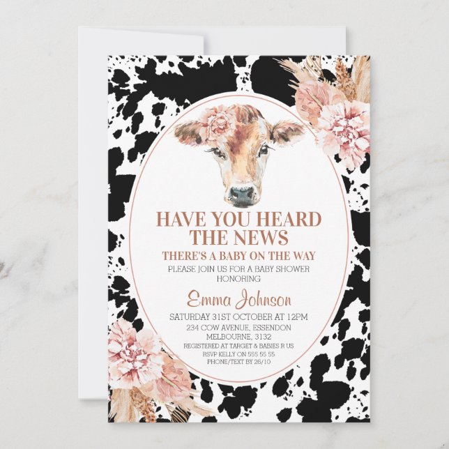 Boho Blommigt Cow Black Cow Print Baby Shower Inbjudningar (Framsida)